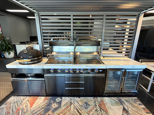 Floor Stock Element Twin-Hood Outdoor BBQ Kitchen with Kamado Smoker, Fridge, Sink, Rotisserie