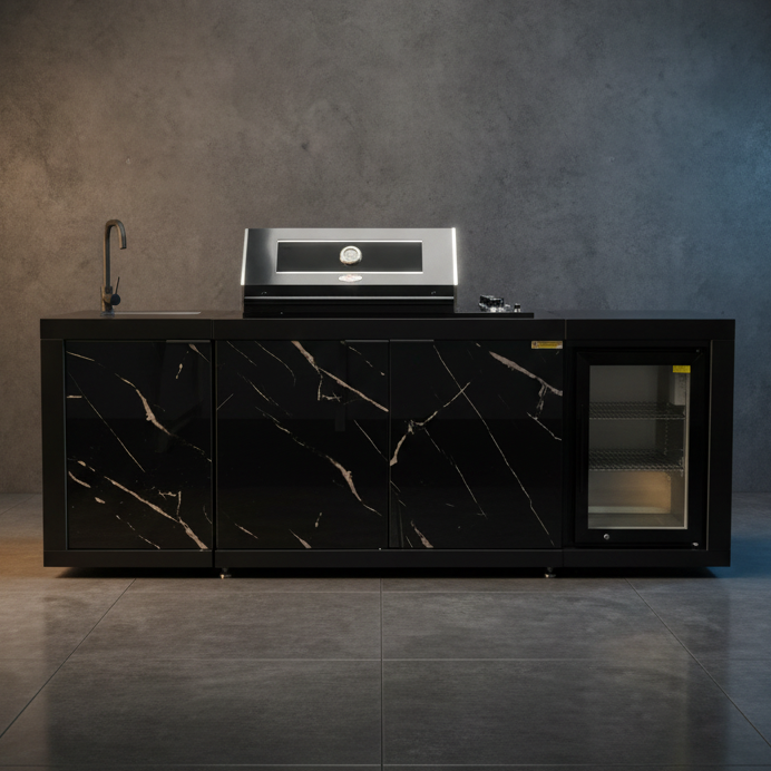 Floor Stock Compact Series Rockpool Summit Black 4B Drop In BBQ with Fridge & Sink