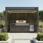 Grill King Outdoor BBQ Shelter Package – 6 Burner Charcoal BBQ Kitchen, Fridge & Sink + Freestanding Aluminium Louver Roof with LED Lighting & Privacy Blind