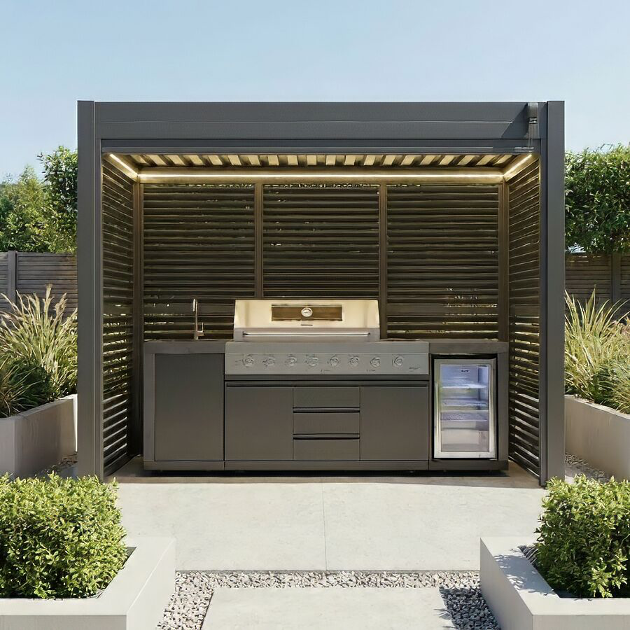 Grill King Outdoor BBQ Shelter Package – 6 Burner Charcoal BBQ Kitchen, Fridge & Sink + Freestanding Aluminium Louver Roof with LED Lighting & Privacy Blind