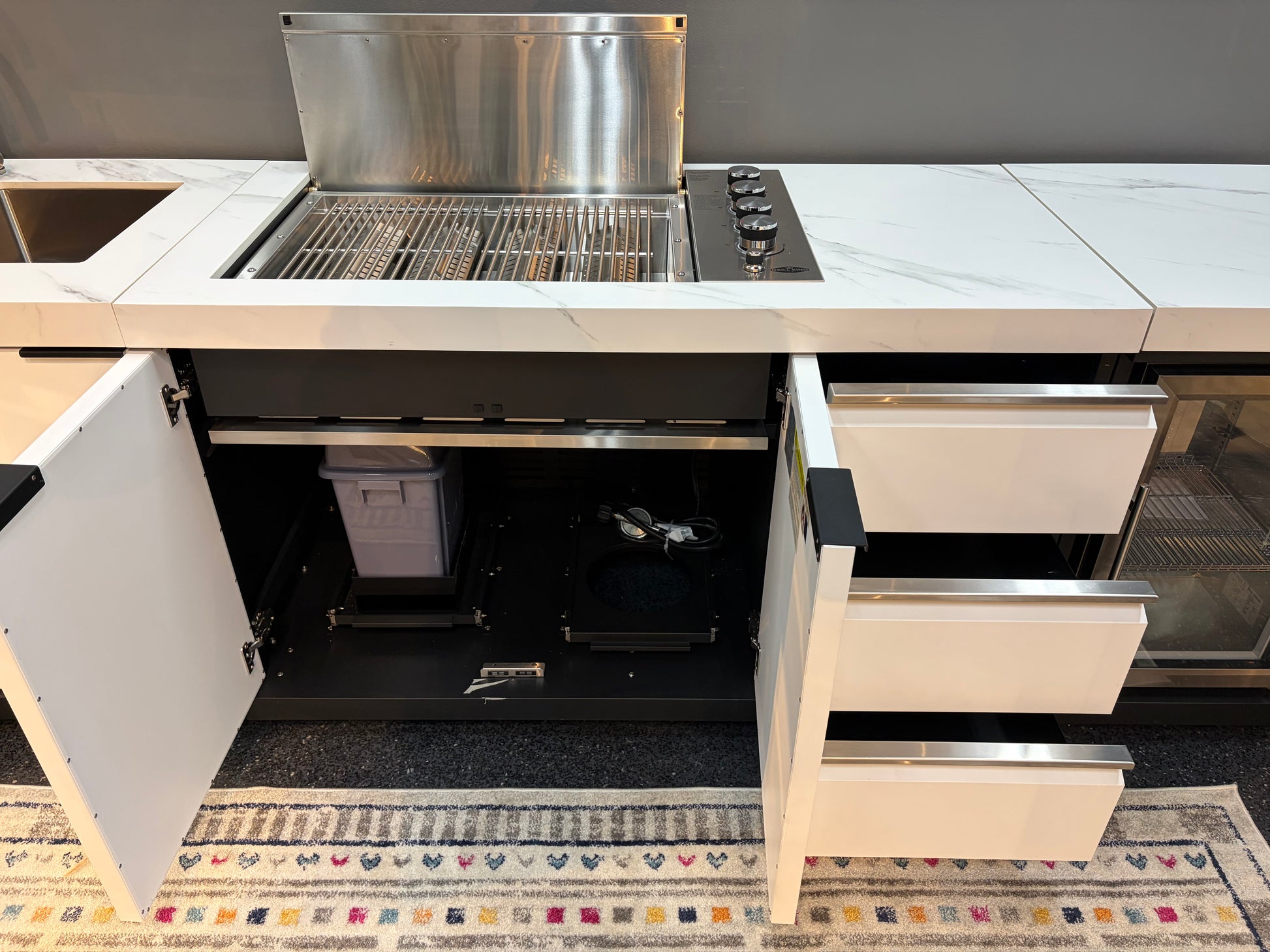 Floor Stock Rockpool White 4B Drop In Flat Hood BBQ Kitchen Inc Sintered Stone Benchtops, Aluminium Cabinets, Fridge & Sink