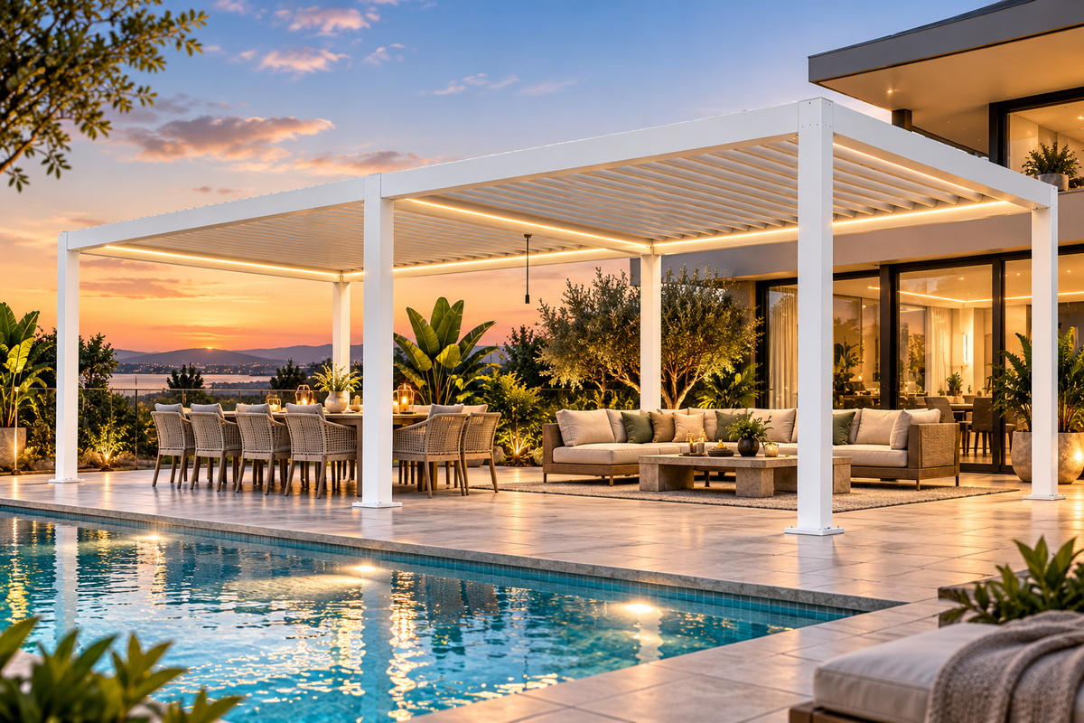 GazeboMate 3.6m × 7.2m White Aluminium Louvered Gazebo – Adjustable Roof Pergola