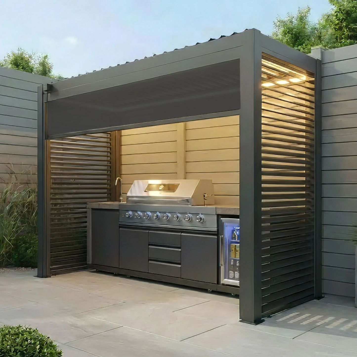 Grill King Outdoor BBQ Shelter Package – 6 Burner Charcoal BBQ Kitchen, Fridge & Sink + Freestanding Aluminium Louver Roof with LED Lighting & Privacy Blind