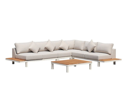 ARI Ralph White Hampton Corner Set - Outdoor Aluminium & Acacia Modular Corner Lounge White Aluminium Whether Resistant White Fabric White