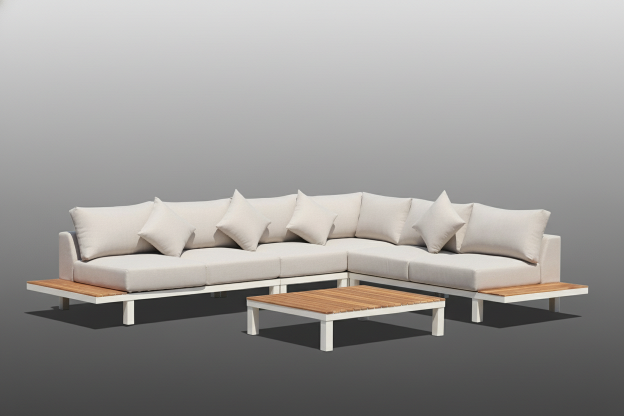 ARI Ralph White Hampton Corner Set - Outdoor Aluminium & Acacia Modular Corner Lounge White Aluminium Whether Resistant White Fabric White