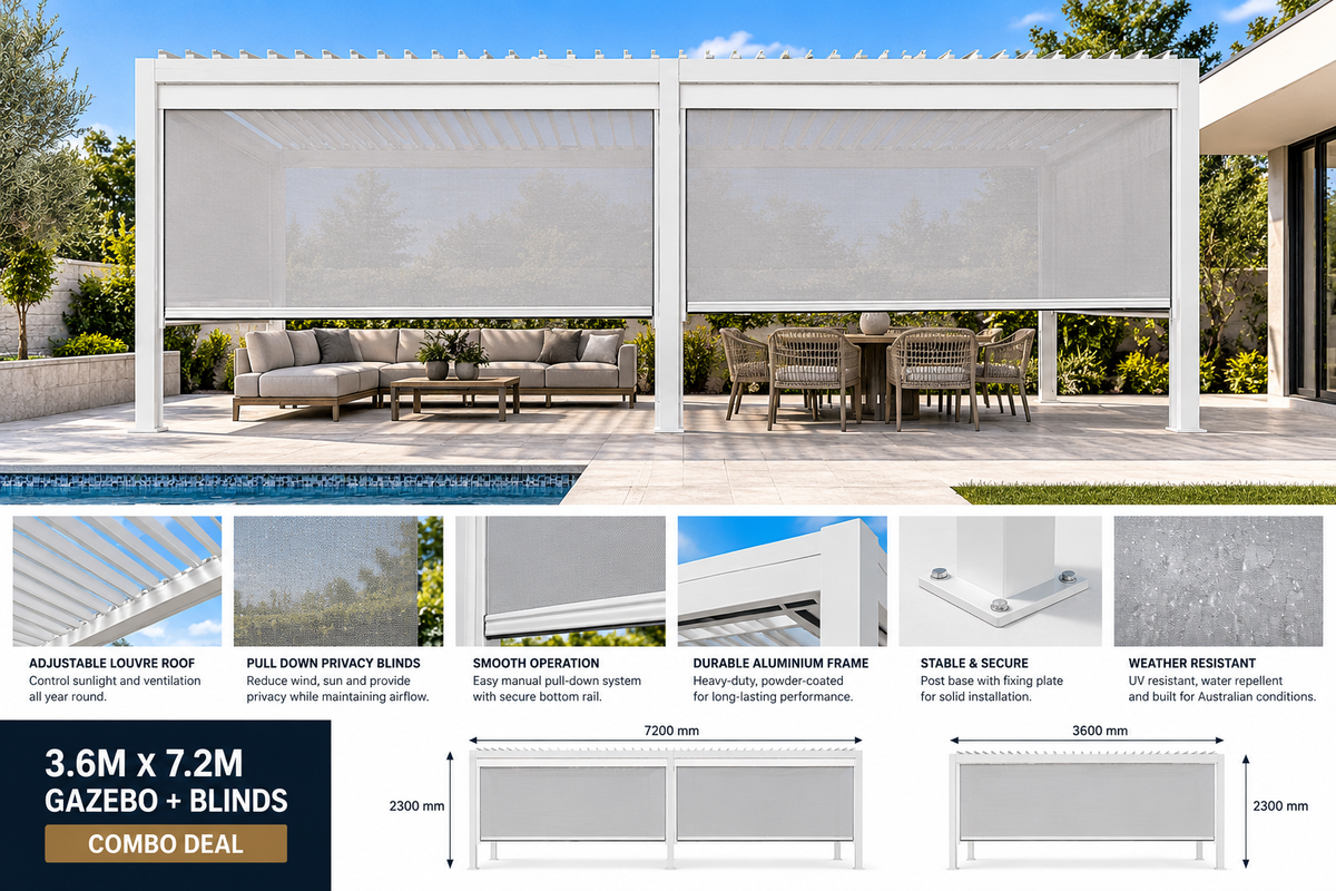 GazeboMate 3.6m × 7.2m Aluminium Louvered Gazebo + Retractable Privacy Screen – White