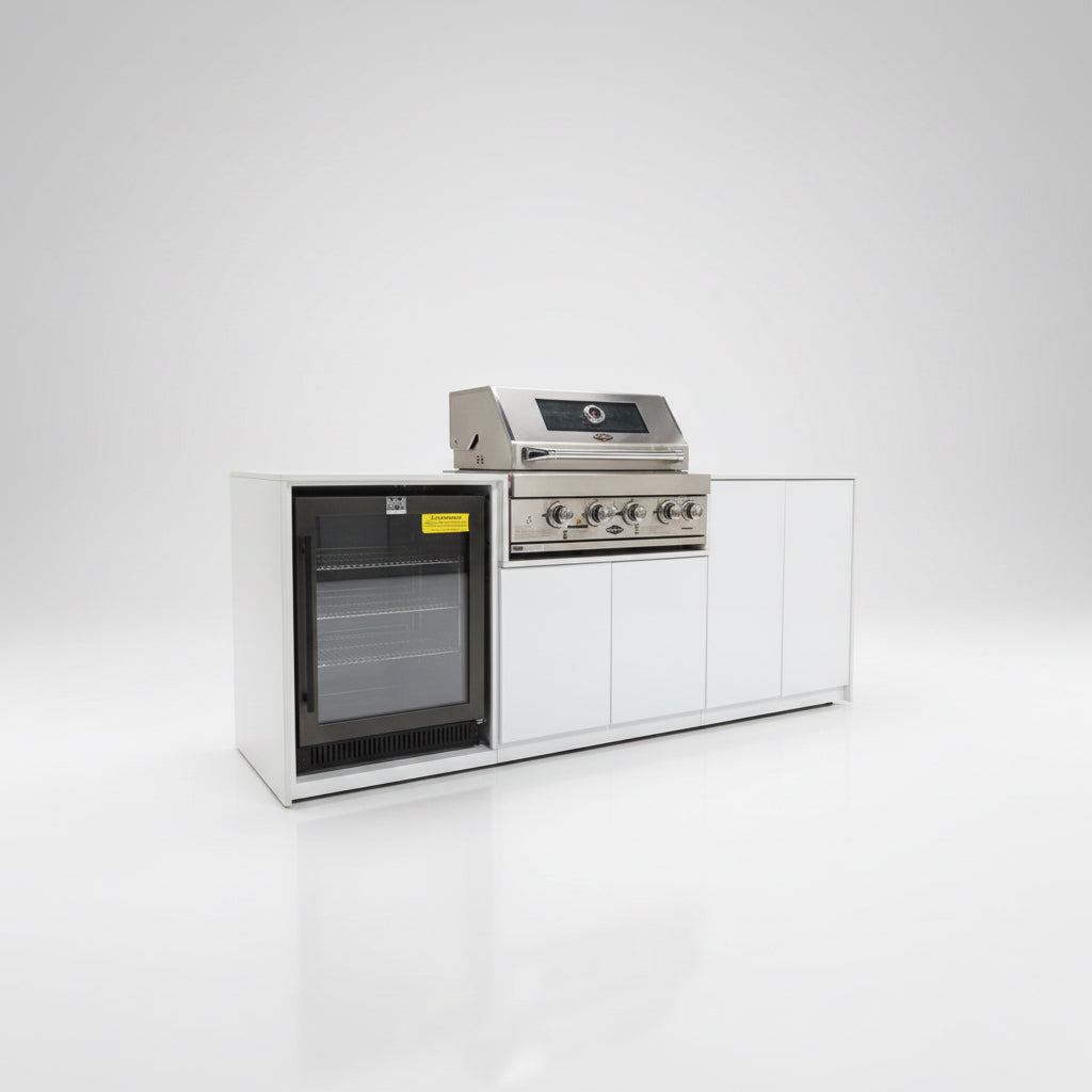 Grill King Signature Series Outdoor BBQ Kitchen Package – Rockpool White Stone Bench-Top, White Aluminium Cabinets | 4-Burner Built-In BBQ + Rotisserie + 150L Outdoor Fridge