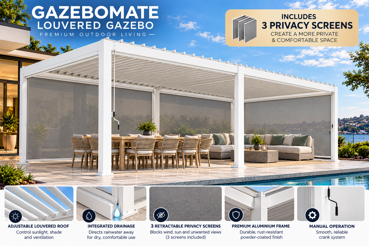 GazeboMate 3m × 6m Monument Aluminium Louvered Gazebo – Adjustable Roof Pergola