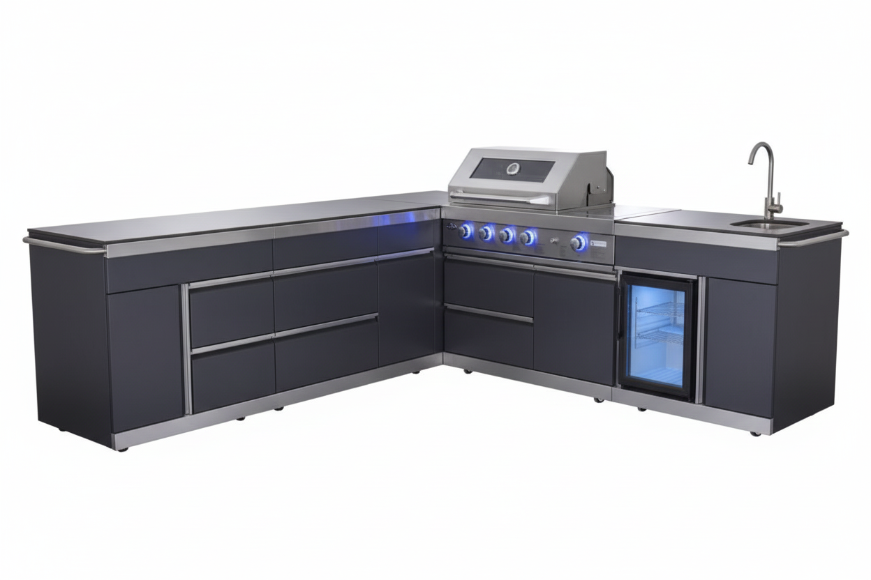 Charcoal Felix 4B + Wok Designer BBQ Kitchen 2.8M: Fridge, Faucet, Sink, Side Wok, Storage Cupboard, Stone Benchtops