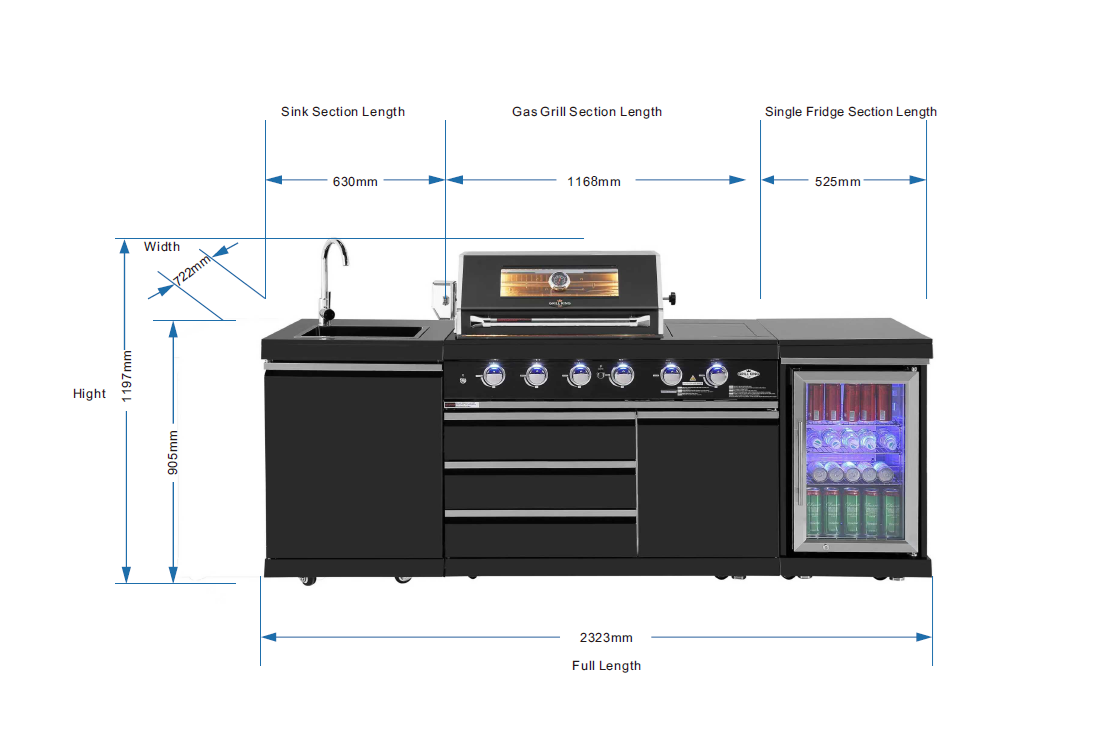 Grill King 4-Burner + Wok Outdoor BBQ Kitchen – Black 304 Stainless Steel, Sink & Fridge Ready