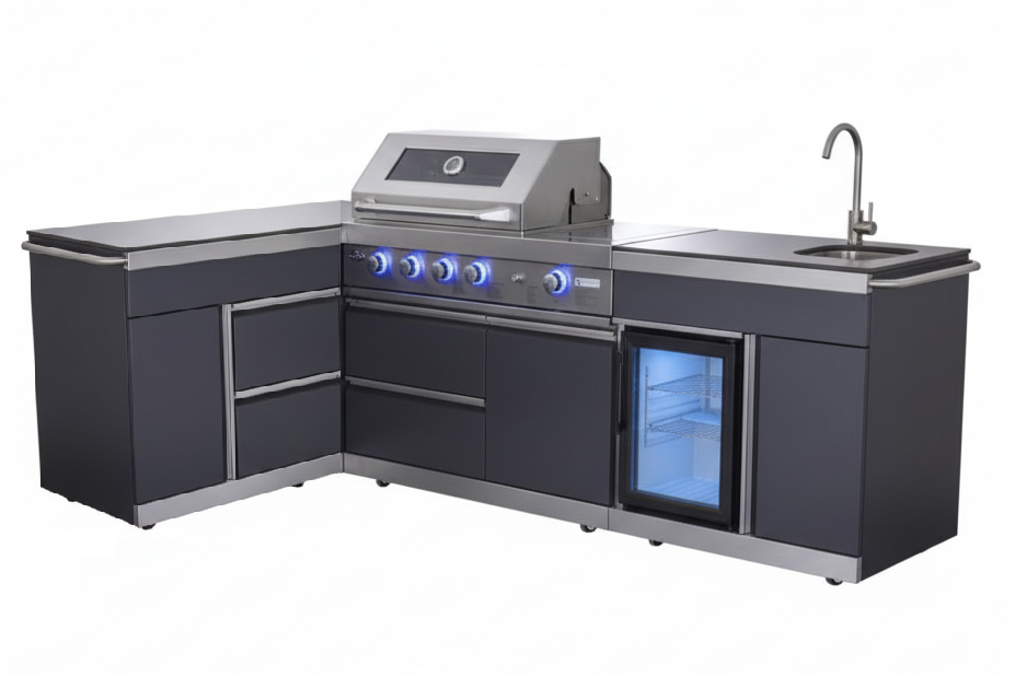 L Shape Felix 4B + Wok Designer BBQ Kitchen 2.8M: Fridge, Faucet, Sink, Side Wok, Storage Cupboard, Stone Benchtops (Copy)