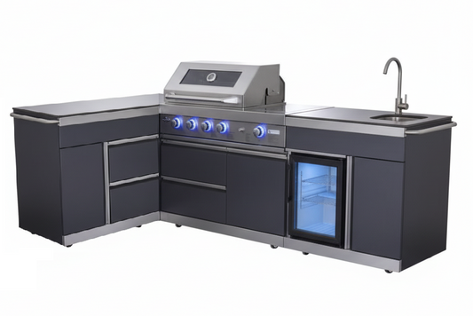 L Shape Felix 4B + Wok Designer BBQ Kitchen 2.8M: Fridge, Faucet, Sink, Side Wok, Storage Cupboard, Stone Benchtops (Copy)