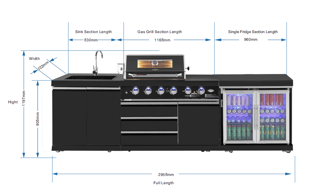 Grill King 4-Burner + Wok Outdoor BBQ Kitchen – Black 304 Stainless Steel, Sink & Fridge Ready