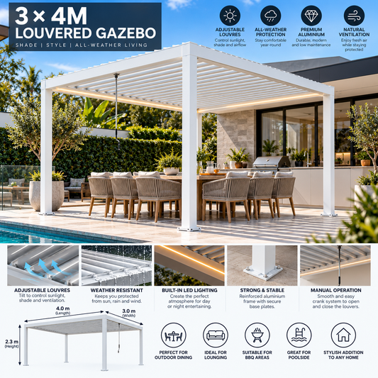 GazeboMate 3m × 4m White Aluminium Louvered Gazebo – Adjustable Roof Pergola