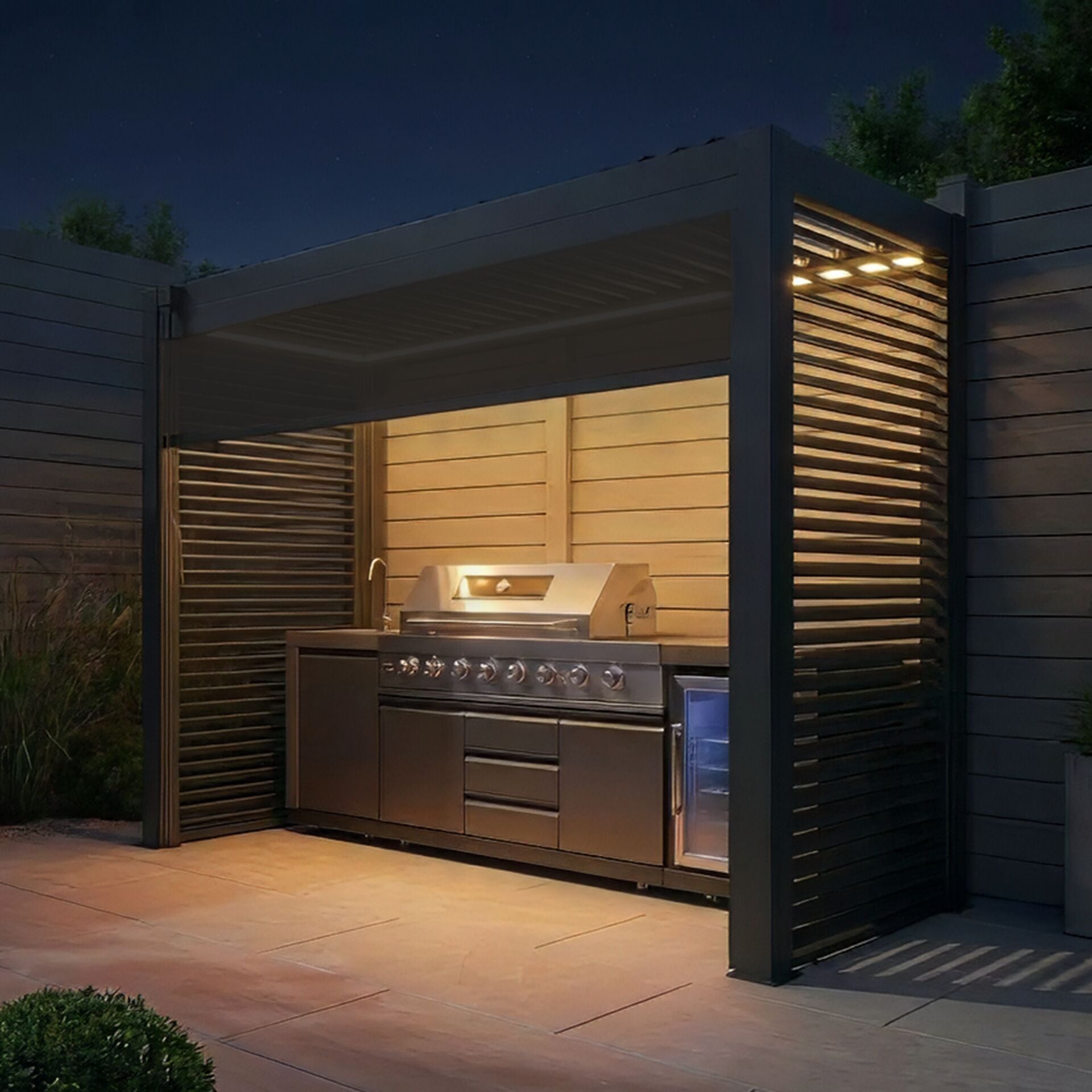 Grill King Outdoor BBQ Shelter Package – 6 Burner Charcoal BBQ Kitchen, Fridge & Sink + Freestanding Aluminium Louver Roof with LED Lighting & Privacy Blind