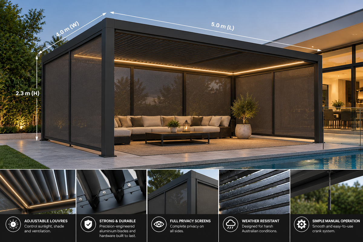 GazeboMate 4m × 5m Monument Aluminium Louvered Gazebo + Retractable Privacy Screen Combo