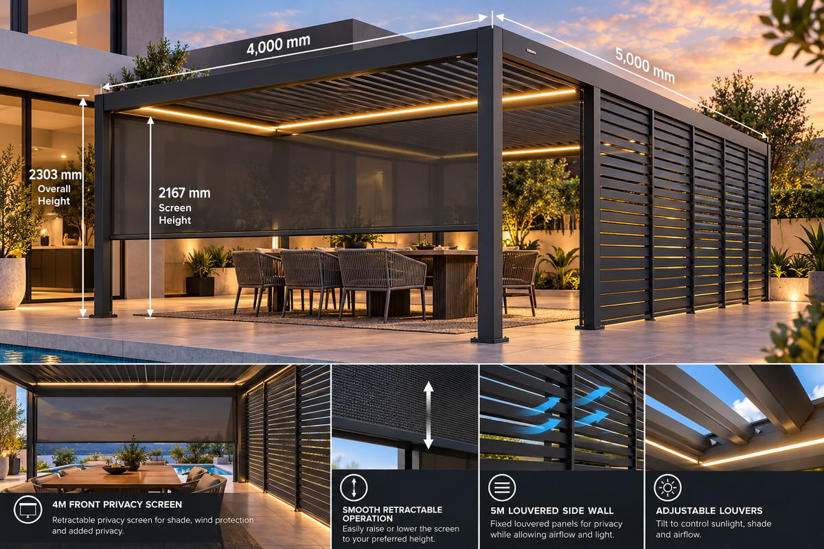 GazeboMate 4m × 5m Monument Aluminium Louvered Gazebo + Retractable Privacy Screen Combo