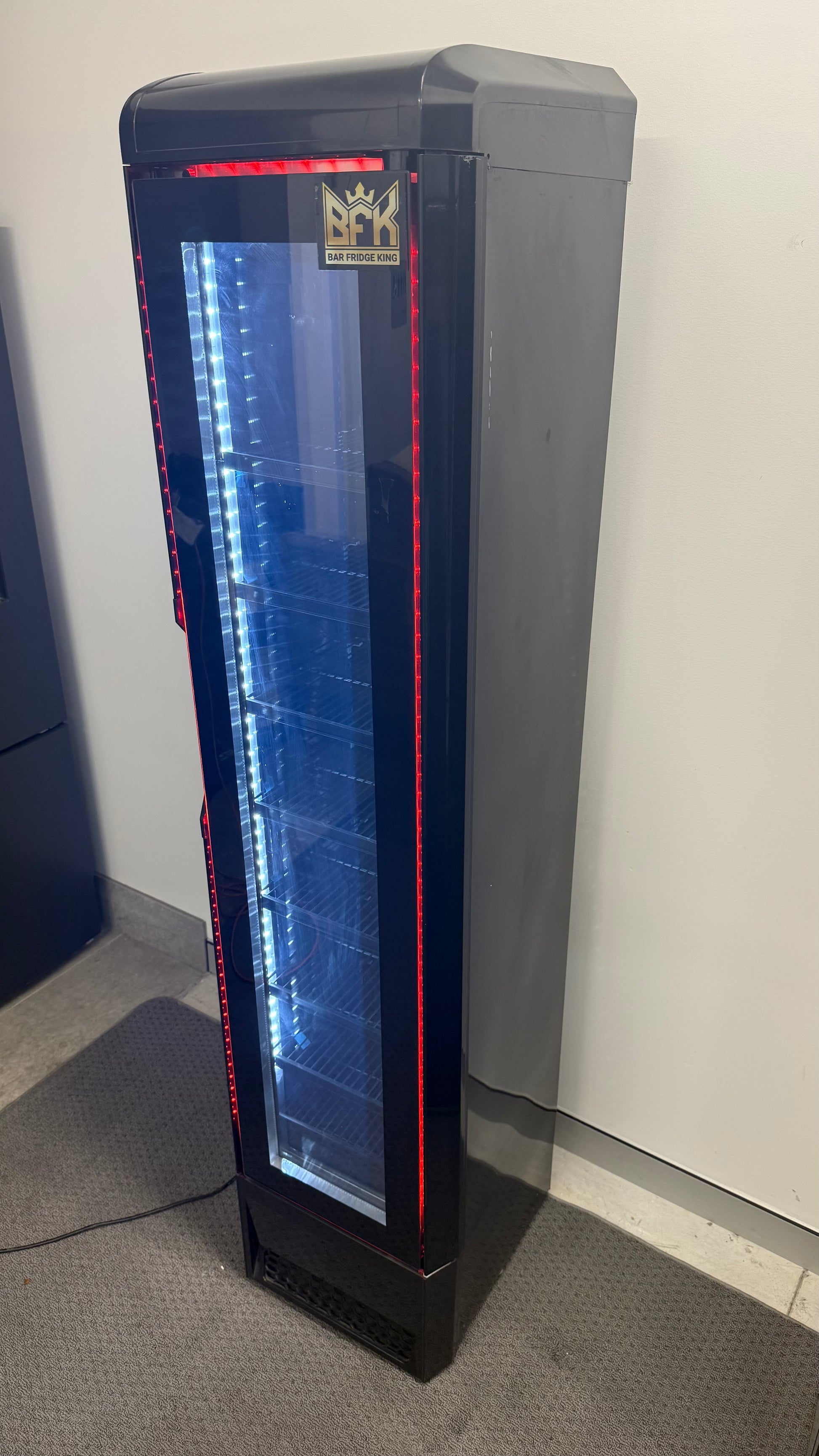 Floorstock Tropical Rated Triple Glazed 135L Commercial Skinny Upright Bar Fridge - Single Door, Black Stainless Steel, Red LED Lighting for Wine & Beverages