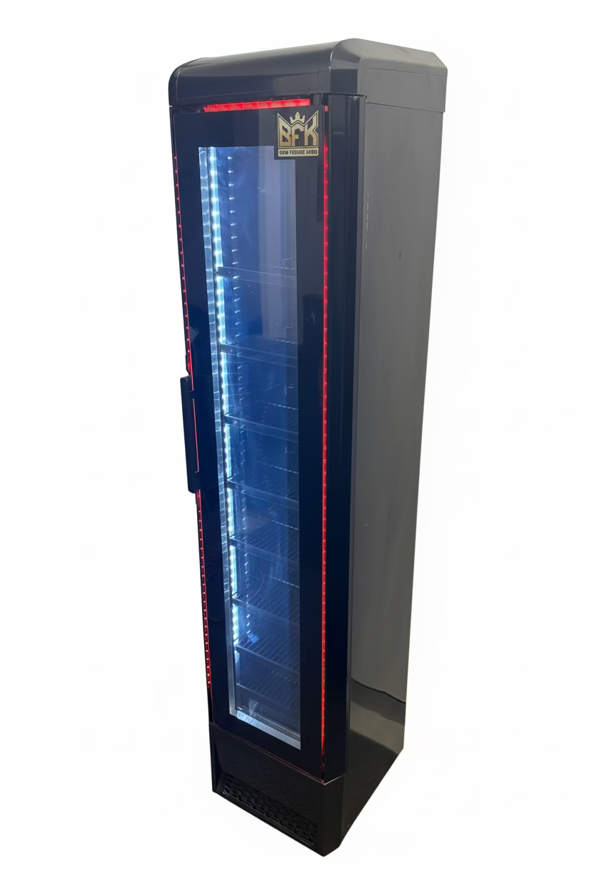 Floorstock Tropical Rated Triple Glazed 135L Commercial Skinny Upright Bar Fridge - Single Door, Black Stainless Steel, Red LED Lighting for Wine & Beverages