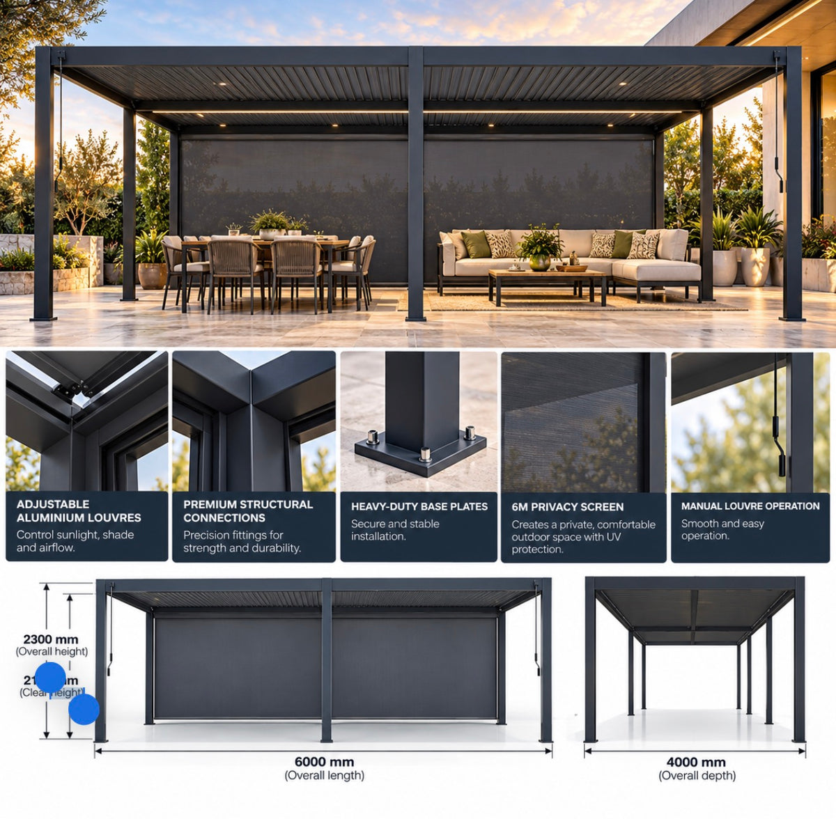 GazeboMate 4m × 6m Aluminium Louvered Gazebo – Monument | Adjustable Roof Pergola