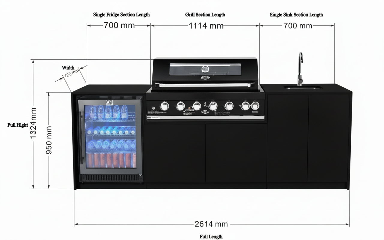 Grill King Signature Series 6 Burner Outdoor BBQ Kitchen Package – Black Stone Benchtop, Black Aluminium Cabinets, Built-In BBQ + Rotisserie