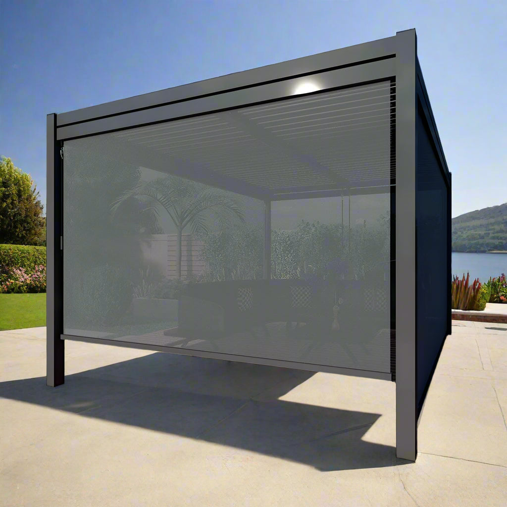 GazeboMate Combo: 3M x 4M Charcoal Aluminium Louvered Gazebo + Charcoal Retractable Privacy Screen