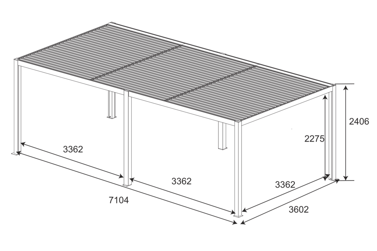 GazeboMate 3.6m × 7.2m Aluminium Louvered Pergola & Retractable Privacy Screen – Monument dimensions drawing