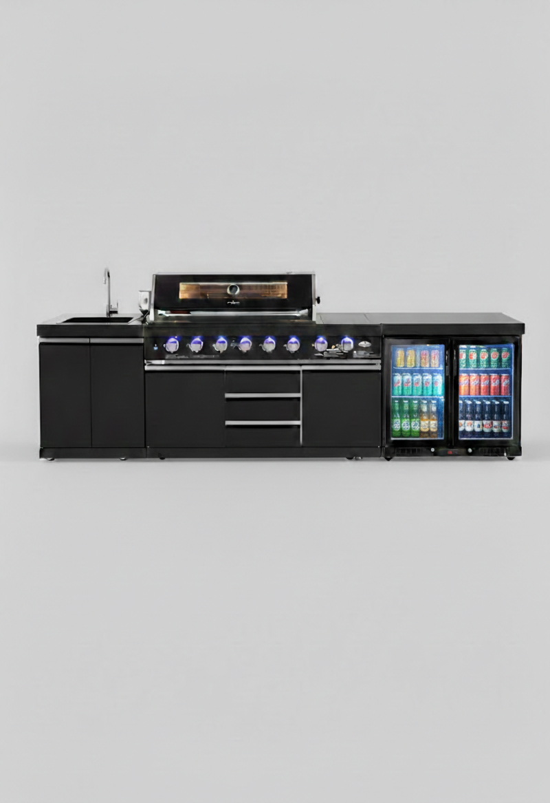 Kingsley 6-Burner Outdoor BBQ Kitchen Package – 2 Door Sink + 208L Bar Fridge