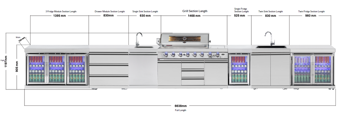 Hurricane 6-Burner Outdoor Kitchen: Stainless Steel, Fridge, Sink, Wok & Rear Infrared Burner dimensions drawing