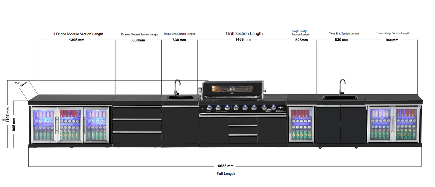 Kingsley 6-Burner Outdoor BBQ Kitchen: Black Stainless Steel, Stone Bench, Fridge, Sink, Height Adjustable, Rotisserie with BBQ Cover