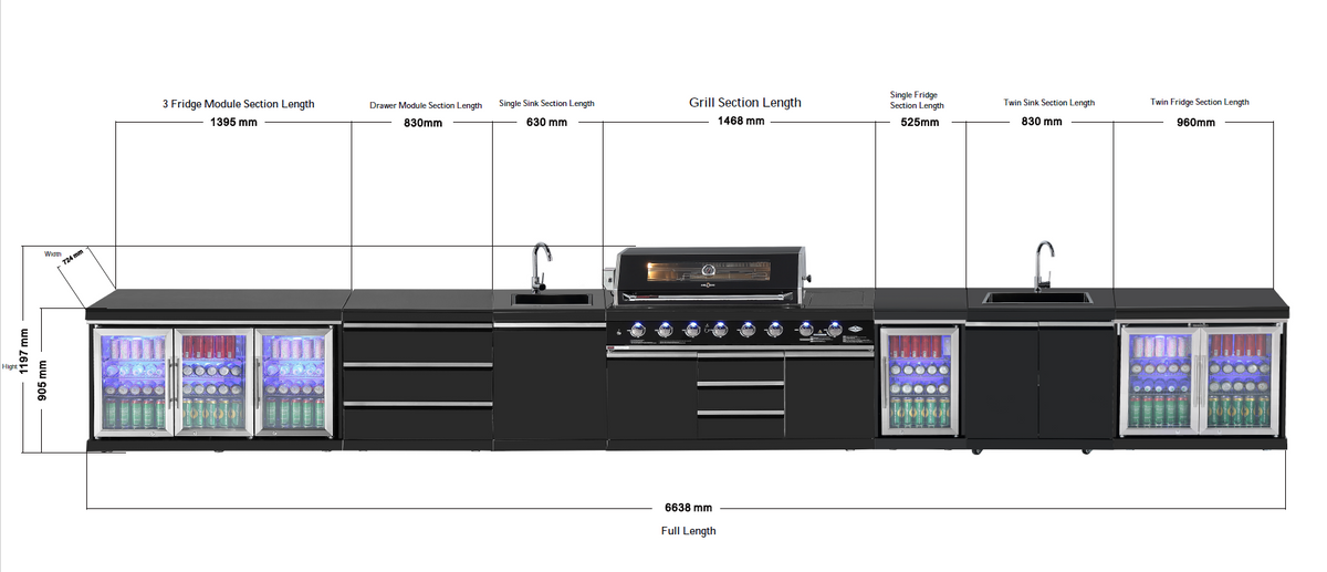 Kingsley 6-Burner Outdoor BBQ Kitchen: Black Stainless Steel, Stone Bench, Fridge, Sink, Height Adjustable dimensions drawing