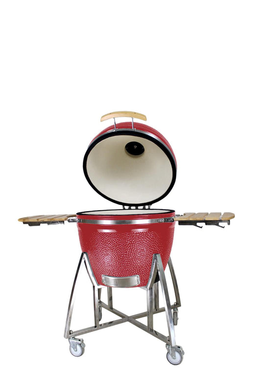 Grill King 16” Red Kamado Ceramic Charcoal Grill With Trolley & Side Tables