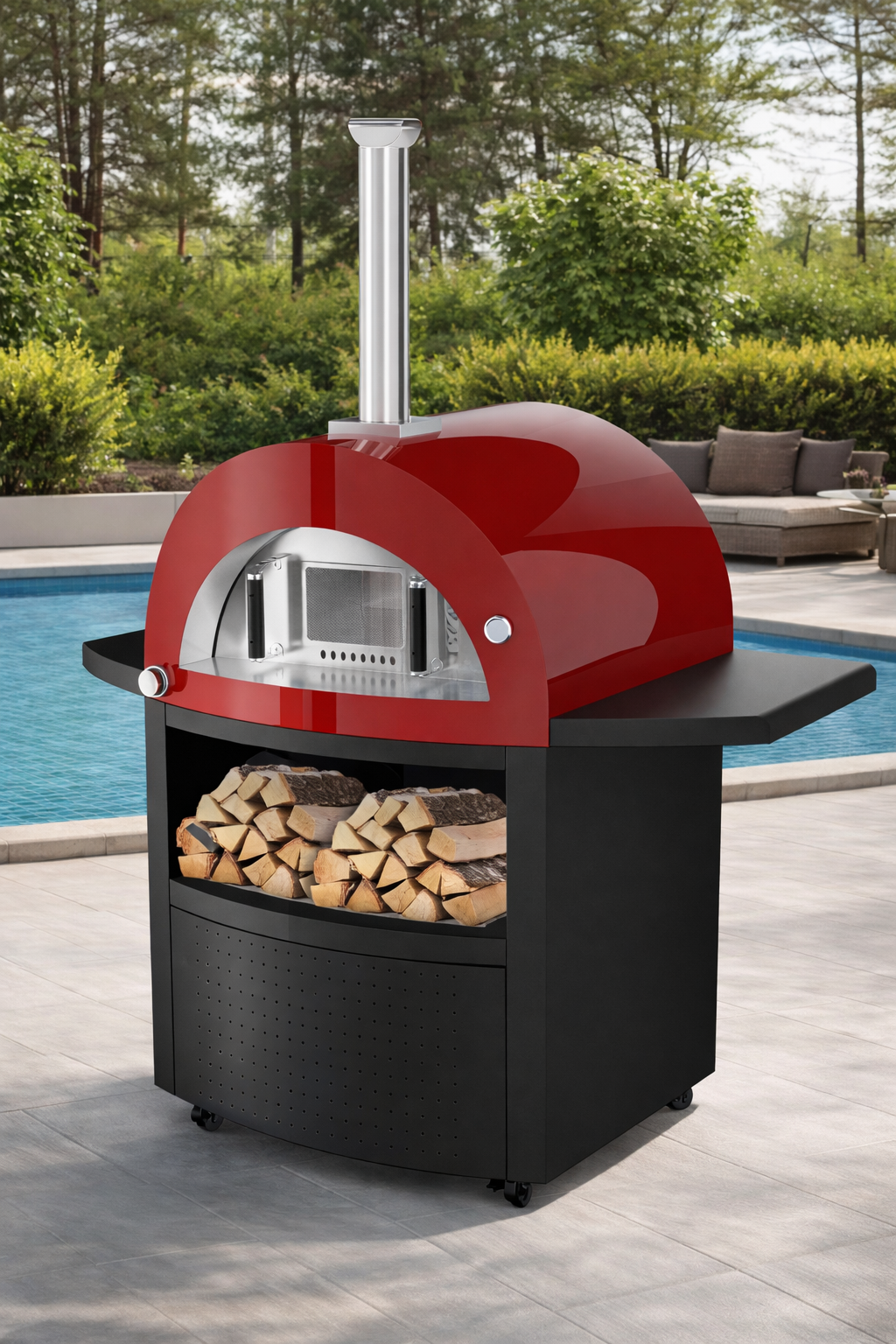 Grill King Hybrid Gas & Wood-fire 30” Pizza Oven, Heavy Duty Black Stainless Steel, Side & Front Bench