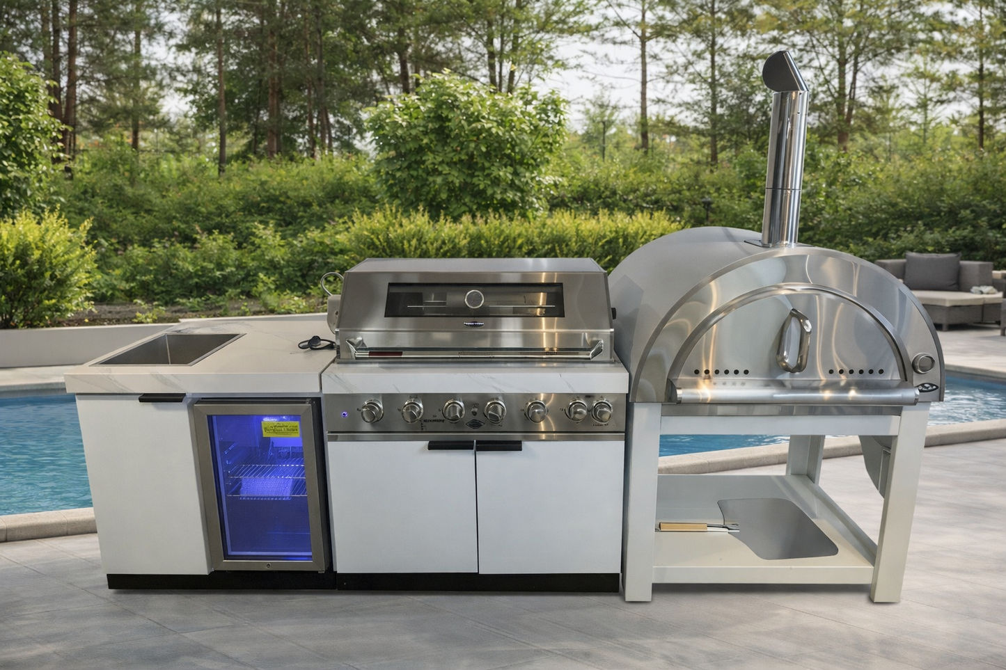 Floor Stock Rockpool White 6B BBQ Kitchen with Sink & Fridge Combo