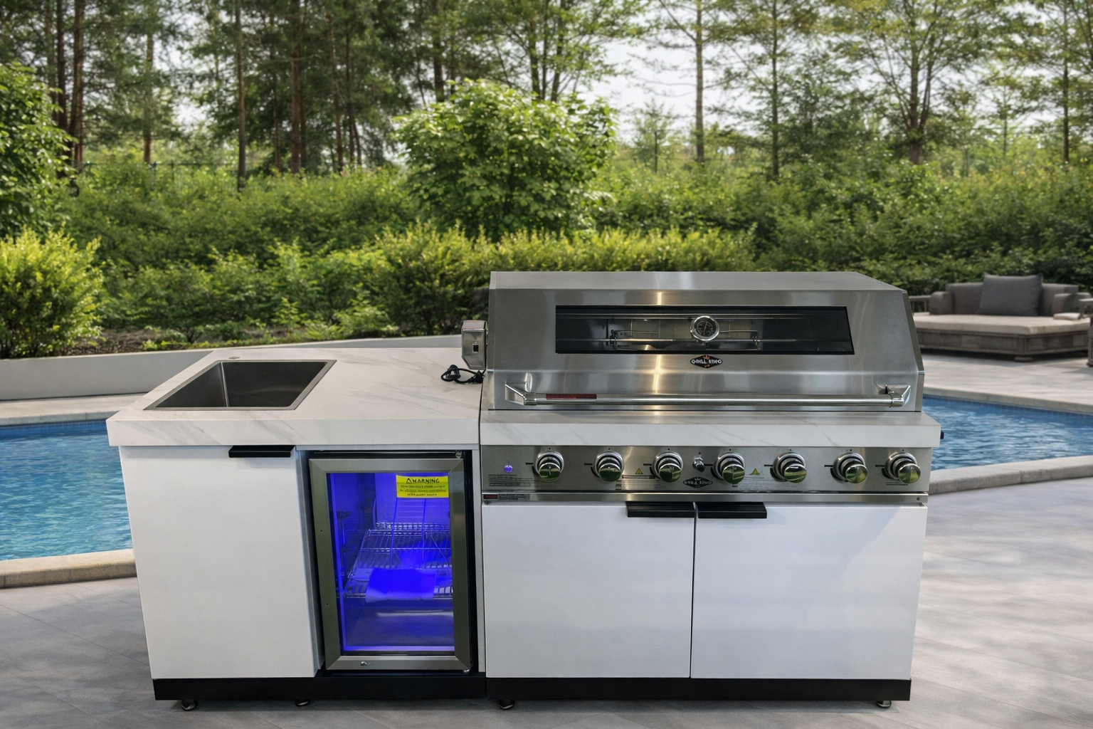 Floor Stock Rockpool White 6B BBQ Kitchen with Sink & Fridge Combo
