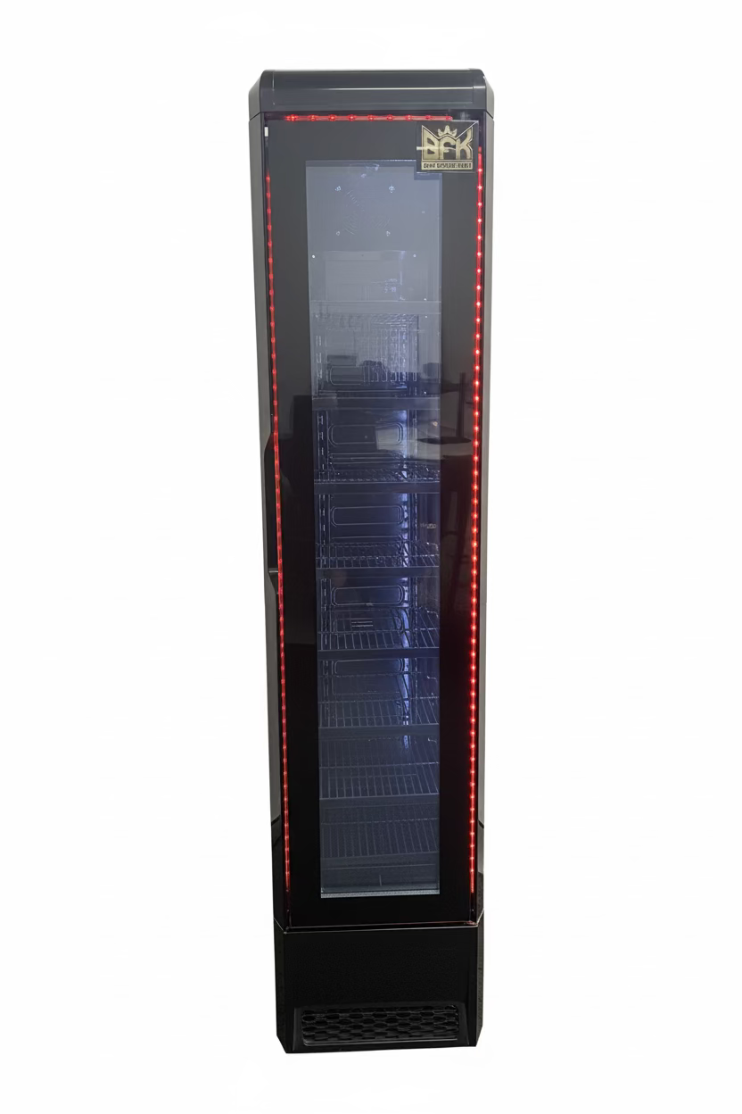 Floorstock Tropical Rated Triple Glazed 135L Commercial Skinny Upright Bar Fridge - Single Door, Black Stainless Steel, Red LED Lighting for Wine & Beverages