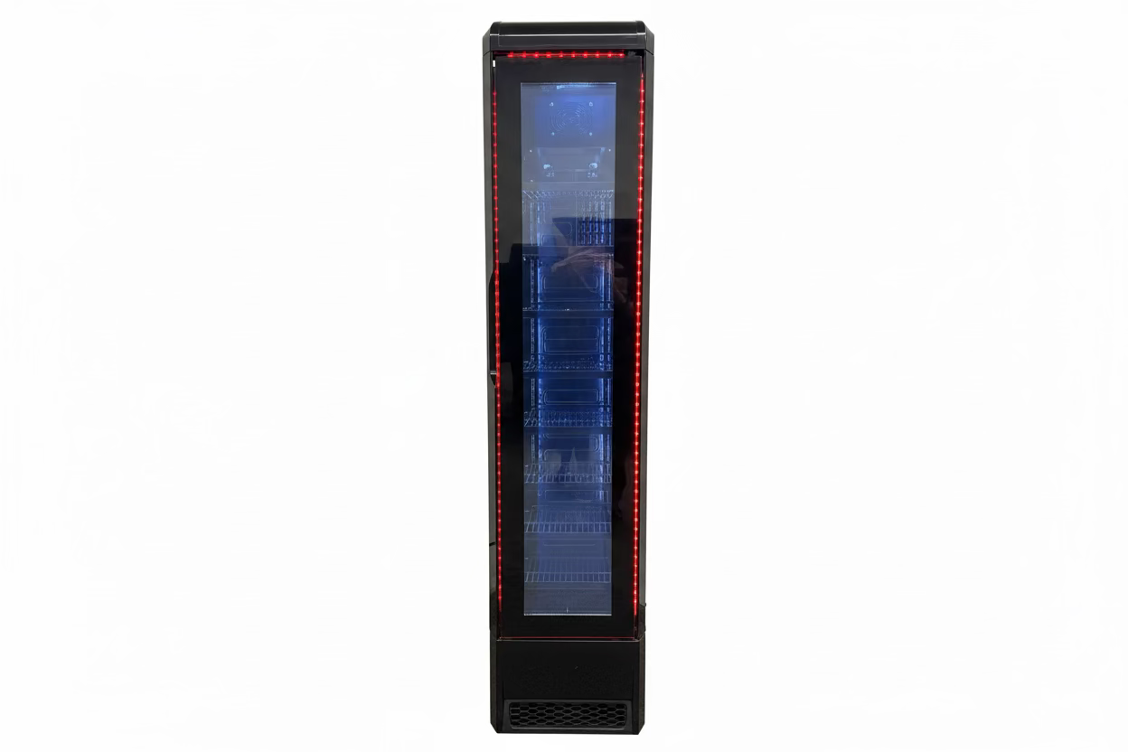 Floorstock Tropical Rated Triple Glazed 135L Commercial Skinny Upright Bar Fridge - Single Door, Black Stainless Steel, Red LED Lighting for Wine & Beverages