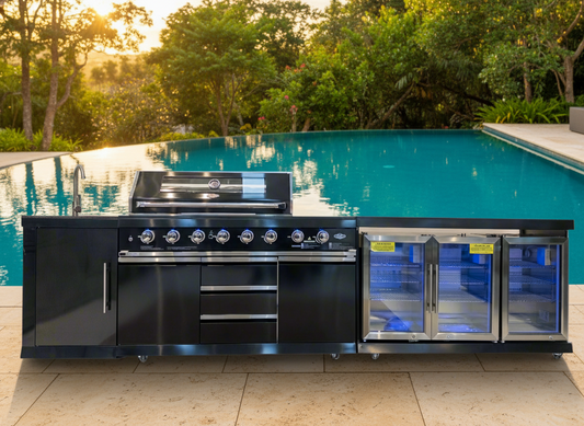 Floor Stock 6 Burner Black 304SS 6 Burner + Wok BBQ Kitchen + 3DR Fridge & Sink