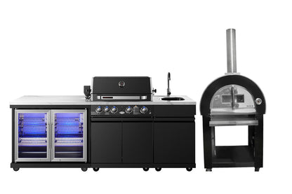 test rey 1 Grill King Element 4B High Grade 304 SS Outdoor BBQ Kitchen + White Stone Bench, Fridge & Sink