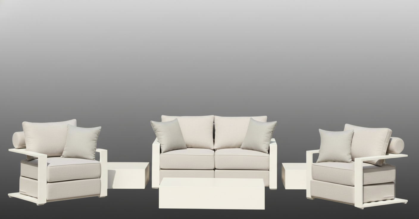 White Hampton Style Lounge Set Inc 2+1+1, Coffee Table Aluminium Frame and Weather Resistant Fabric