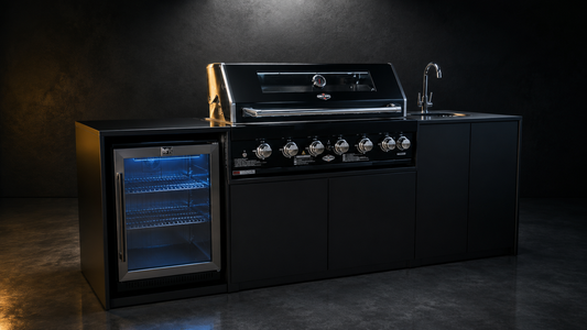 Grill King Signature Series 6 Burner Outdoor BBQ Kitchen Package – Black Stone Benchtop, Black Aluminium Cabinets, Built-In BBQ + Rotisserie