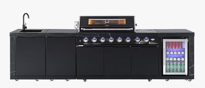 test rey 1 Rockpool Black Sintered Stone 6 Burner Outdoor Kitchen w/ Fridge, Sink and Storage Bundle