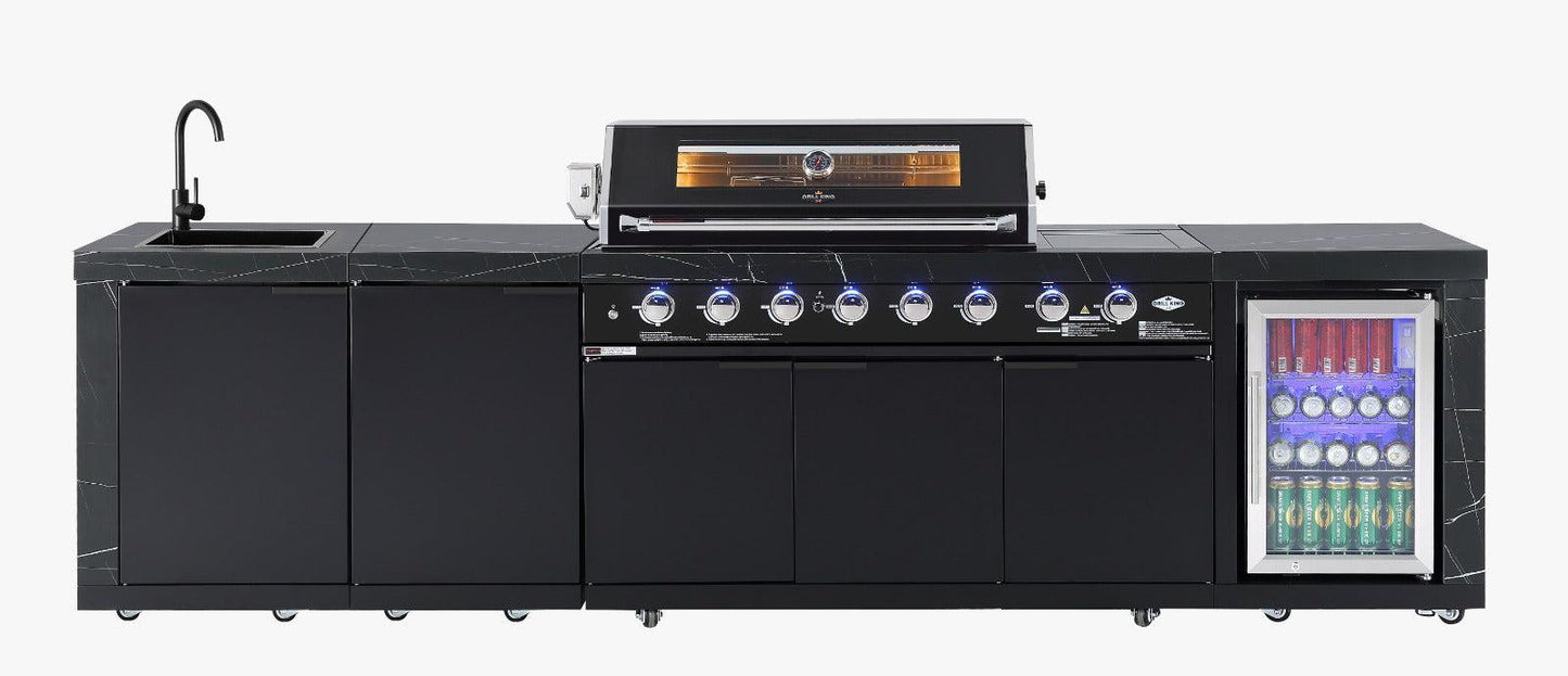 Rockpool Black Sintered Stone 6 Burner Outdoor Kitchen w/ Fridge, Sink and Storage Bundle