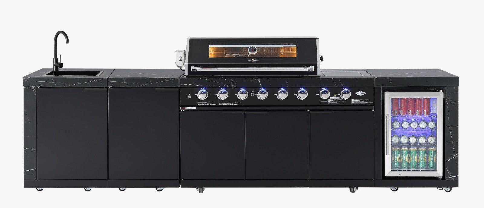 Rockpool Black Sintered Stone 6 Burner Outdoor Kitchen w/ Fridge, Sink and Storage Bundle