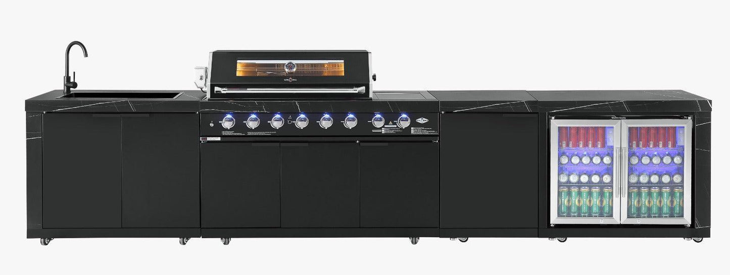Rockpool Black Sintered Stone 6 Burner Outdoor Kitchen w/ Fridge, Sink and Storage Bundle