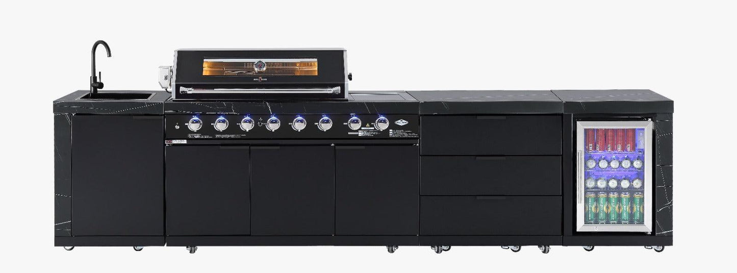 Rockpool Black Sintered Stone 6 Burner Outdoor Kitchen w/ Fridge, Sink and Storage Bundle