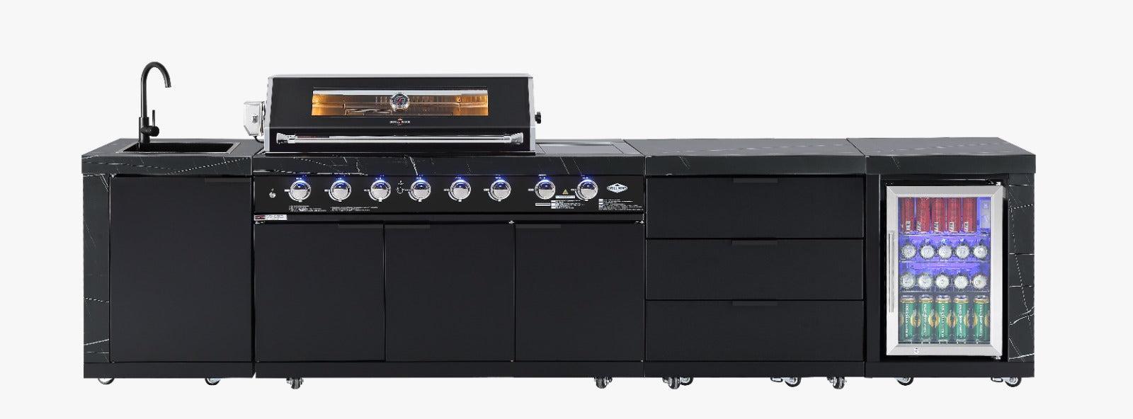 Rockpool Black Sintered Stone 6 Burner Outdoor Kitchen w/ Fridge, Sink and Storage Bundle