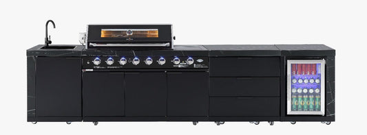 Rockpool Black Sintered Stone 6 Burner Outdoor Kitchen w/ Fridge, Sink and Storage Bundle