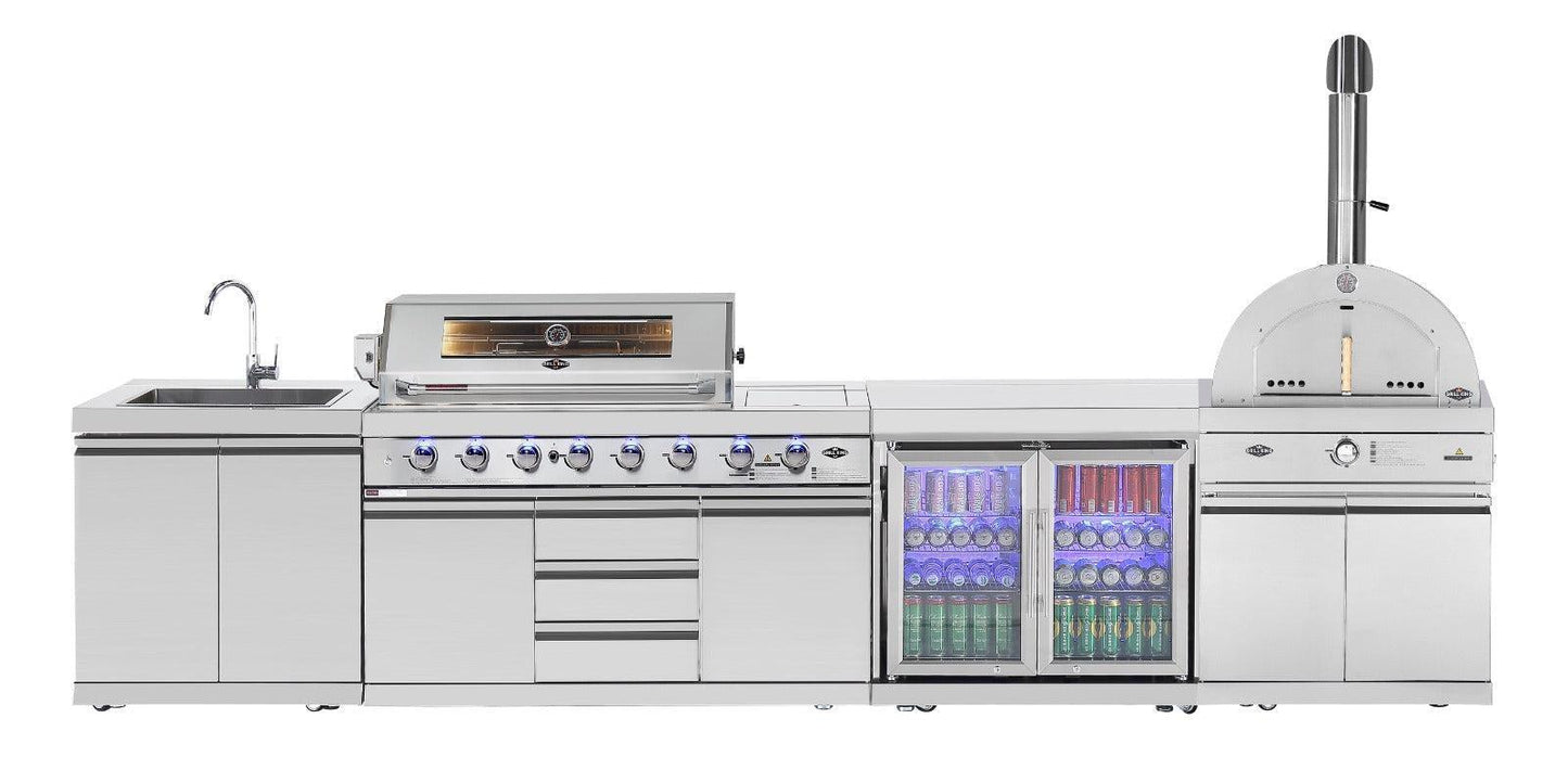 Hurricane 304 Stainless Silver 6 Burner Outdoor Kitchen w/ Fridge, Sink & Pizza Oven Bundle