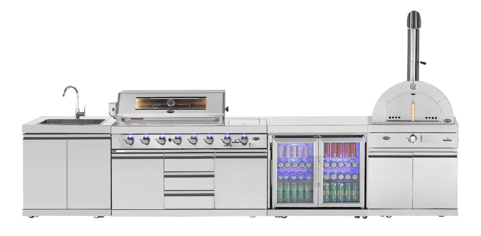 Hurricane 304 Stainless Silver 6 Burner Outdoor Kitchen w/ Fridge, Sink & Pizza Oven Bundle